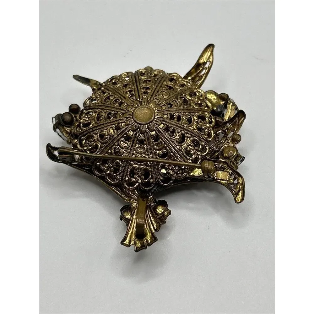 Vintage Floral Bouquet Brown Rhinestone‎ Faux Pearl Gold Tone Brooch Pin